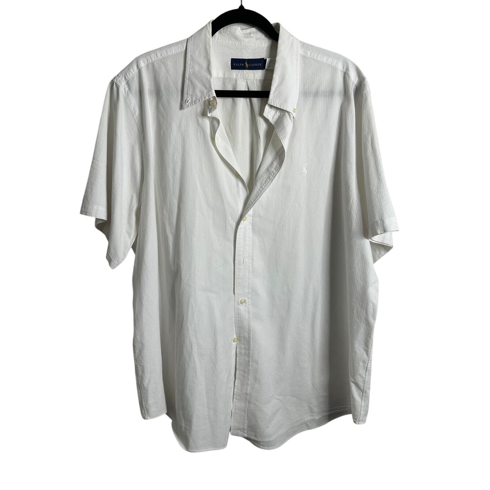 Ralph Lauren Mens XXL White Seersucker Short Sleeve Button Down Shirt‎ Cotton